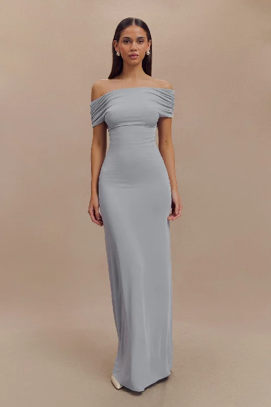 Imogen Off Shoulder Slinky Maxi Dress - Dusty Blue