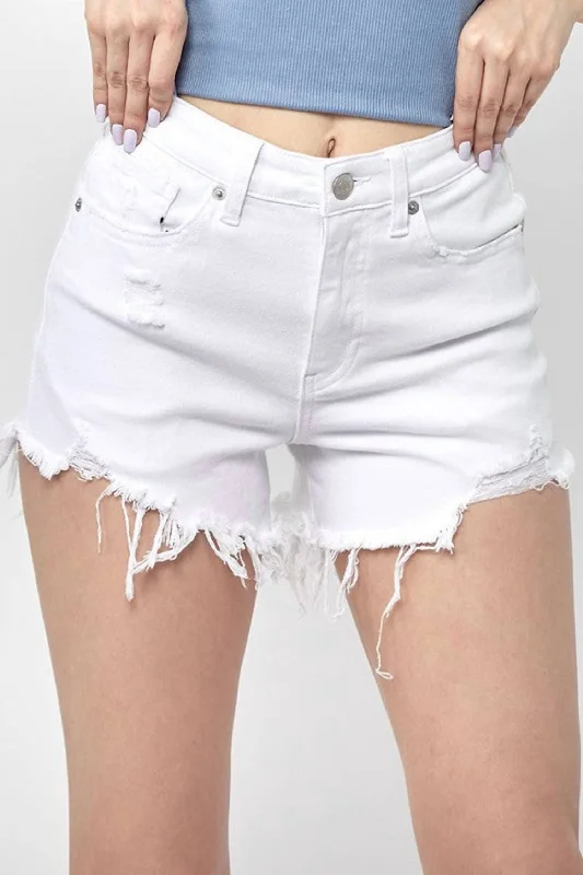 Denim High-Waisted Distressed Raw Hem Shorts In White