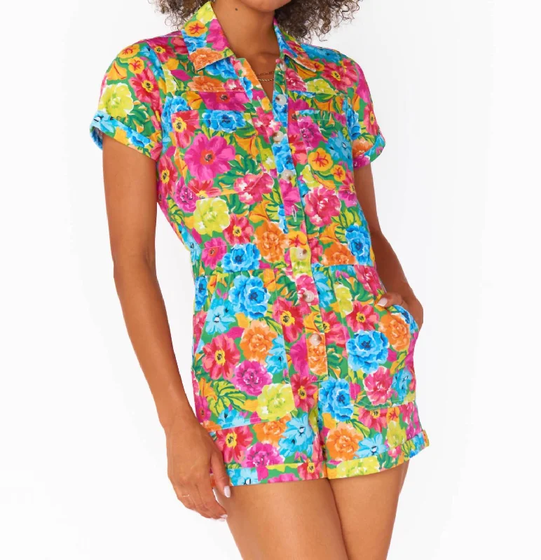 Cannon Romper In Bright Floral Soiree Denim